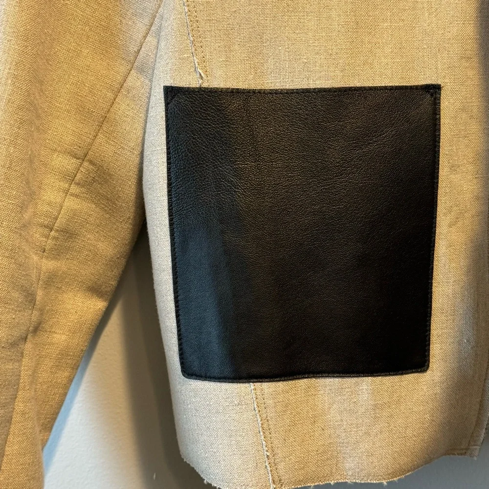 Sandro Beige Linen + Black Leather Pocket Jacket